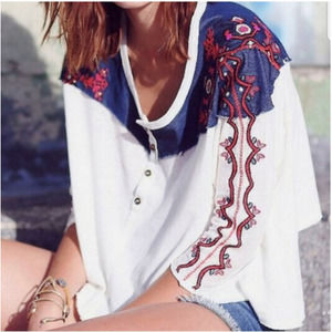 Free People We The Free Rio Henley Embroidered Linen & Cotton Cropped Blouse
